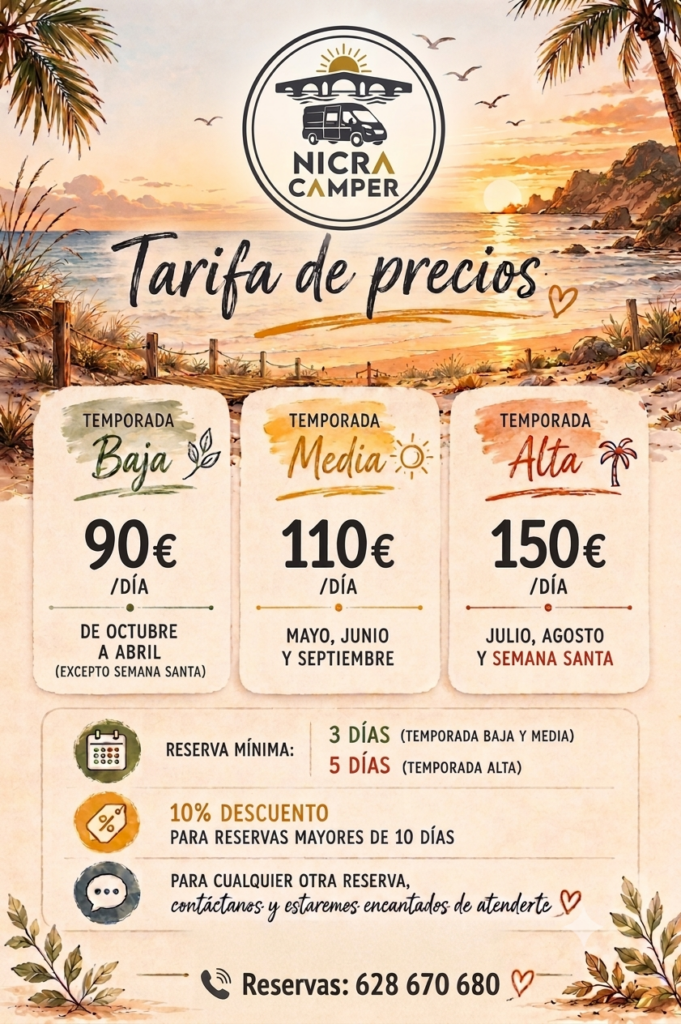 Tabla de tarifas y precios alquiler de camper gran volumen en Santiago de Compostela y A Coruña