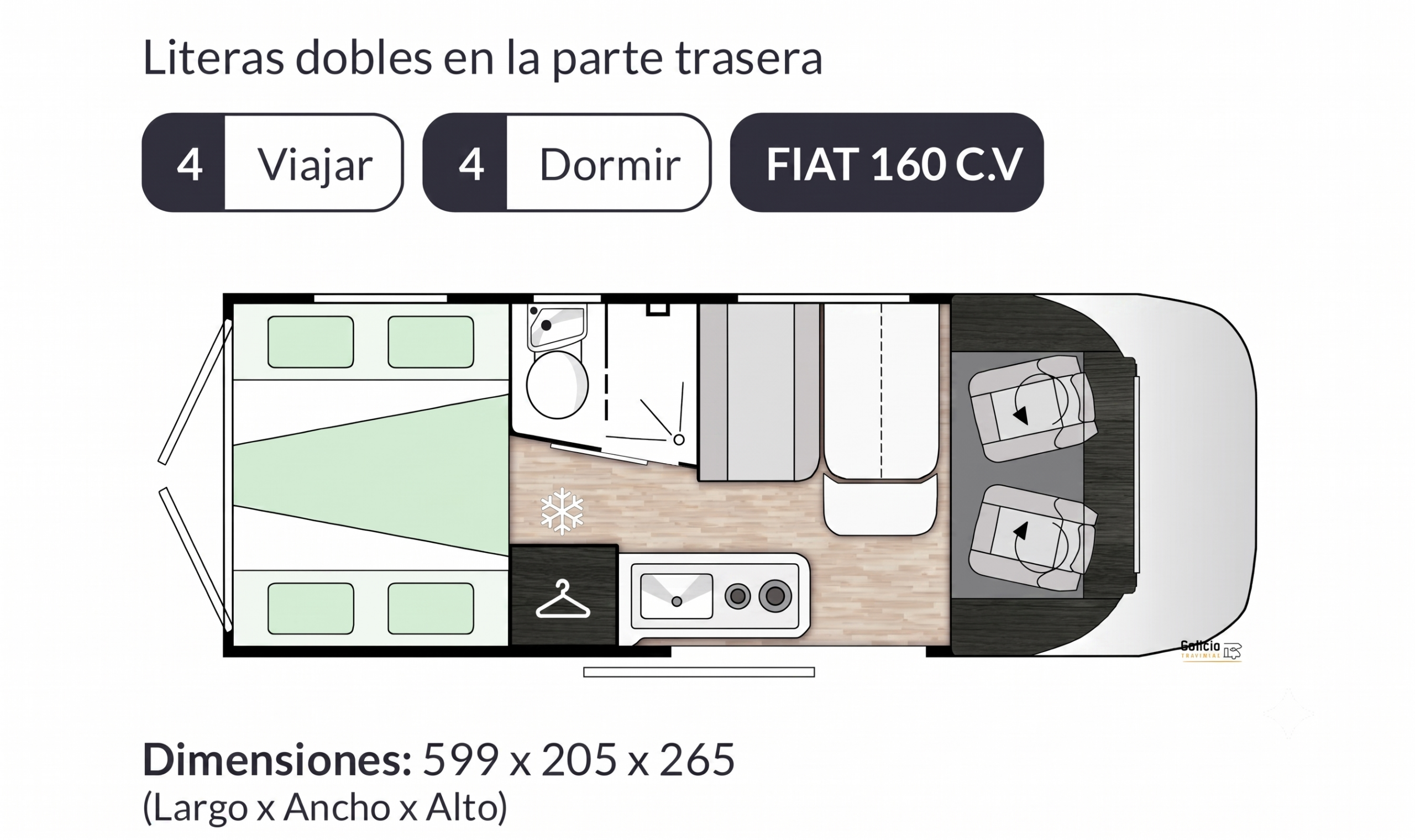 Plano interior y distribución del espacio en furgoneta camper Benivan
